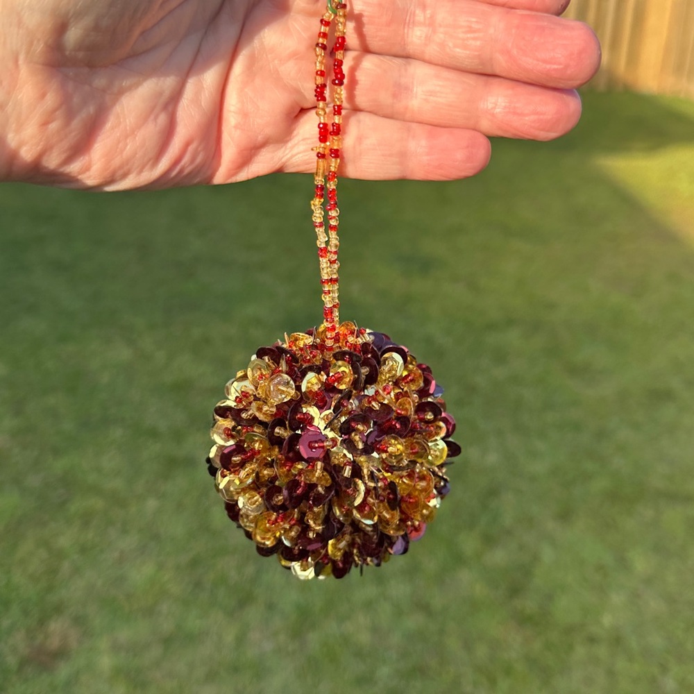 Vintage Handmade Festive Wine and Gold Push Pin Sequin & Beaded Satin Ornament